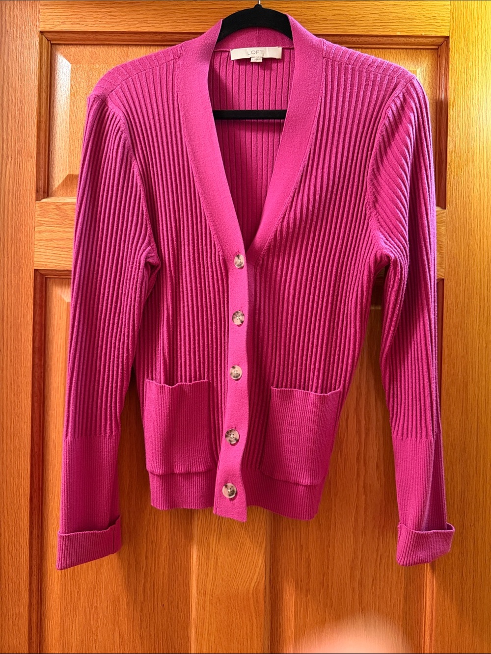 LOFT Fuchsia Ribbed Button-Up Cardigan